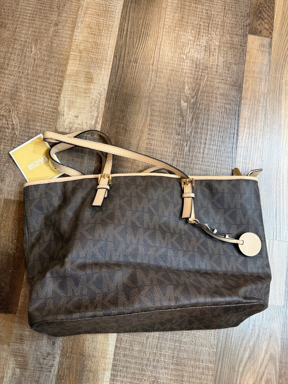 Michael Kors Brown and Beige Logo Tote with Gold Accent